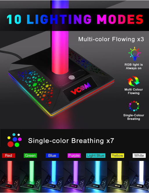 RGB Headset Stand with Dual USB Ports & 10 Light Modes