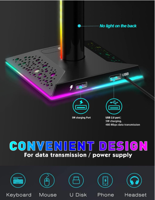RGB Headset Stand with Dual USB Ports & 10 Light Modes